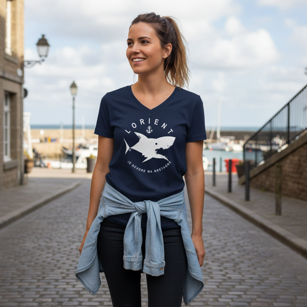 T-shirt femme col V Requin ville