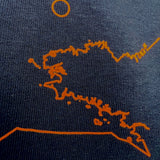 close up Breizh knitting frame on navy blue sweat shirt