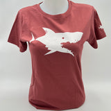 T shirt rose motif requin blanc femme