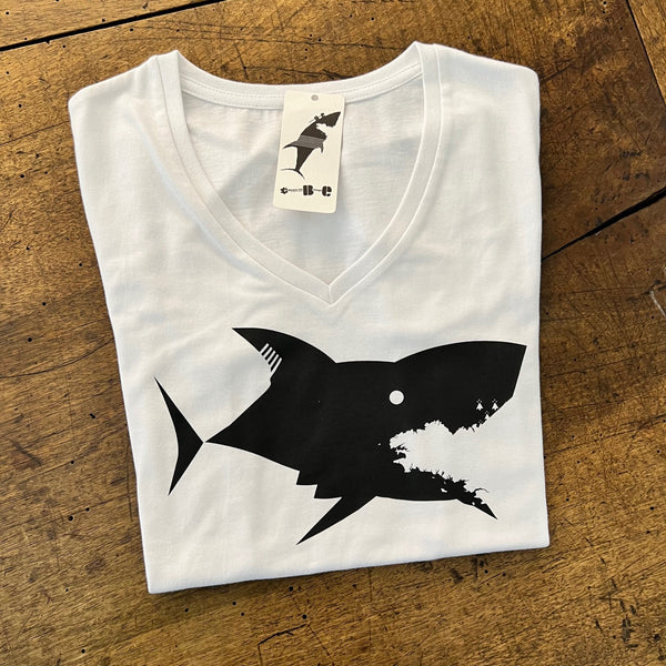 T-shirt Blanc REQUIN NOIR - Col V - Femme