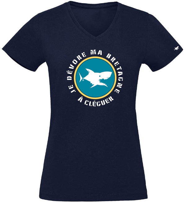 T-Shirt Femme - Taille L - villes de Bretagne et du Monde - Bleu Marine - Je dévore ma Bretagne àCléguer