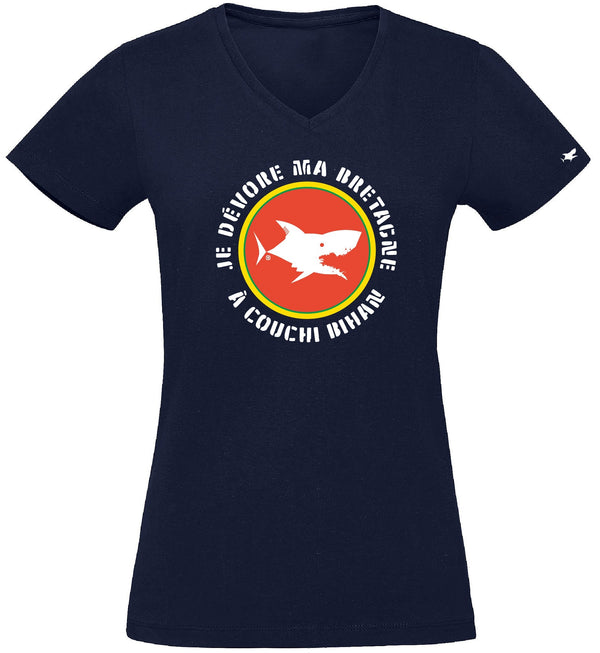 T-Shirt Femme - Taille M - villes de Bretagne et du Monde - Bleu Marine - Je dévore ma Bretagne à Couchi Bihan