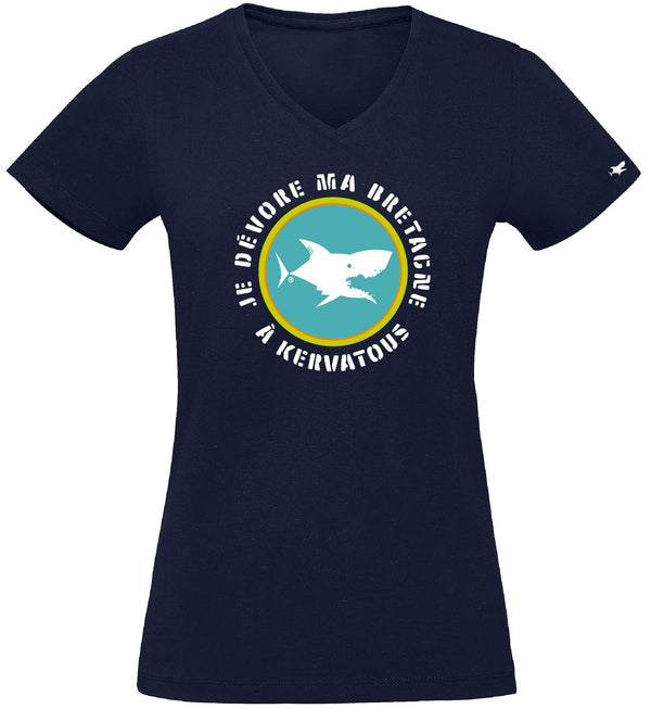 T-Shirt Femme - Taille S - villes de Bretagne et du Monde - Bleu Marine - Je dévore ma Bretagne à Kervatous