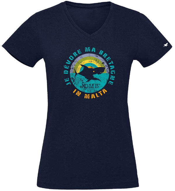 T-Shirt Femme - Taille L - villes de Bretagne et du Monde - Bleu Marine - Je dévore ma Bretagne à Malte
