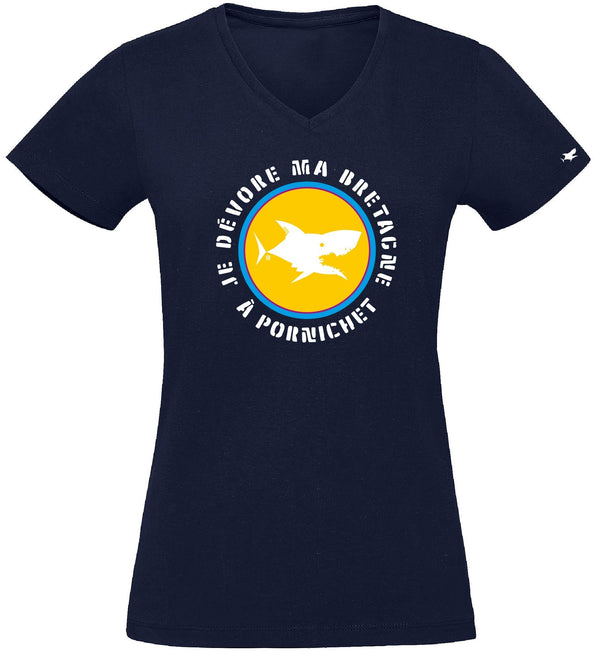 T-Shirt Femme - Taille L - villes de Bretagne et du Monde - Bleu Marine - Je dévore ma Bretagne à Pornichet