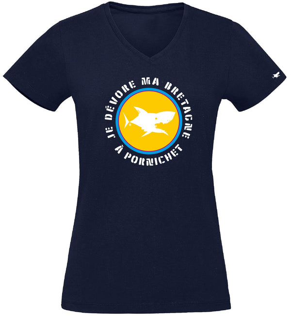 T-Shirt Femme - Taille S - villes de Bretagne et du Monde - Bleu Marine - Je dévore ma Bretagne à Pornichet