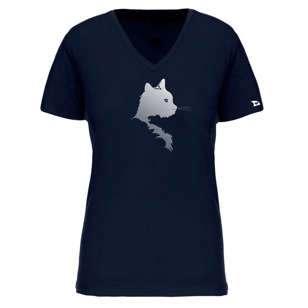 T-shirt femme bleu marine motif blanc chat