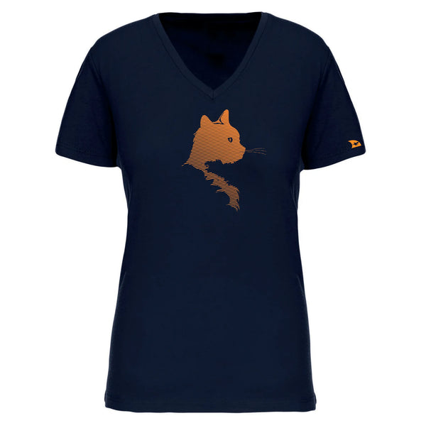 T-shirt femme bleu marine motif orange chat