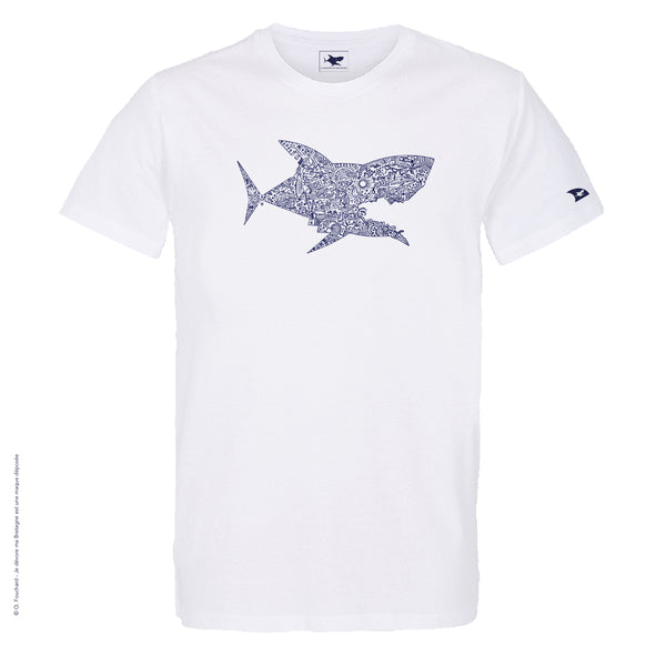 Dessin REQUIN AJOURÉ SURF Bleu Marine - T-shirt Blanc Col Rond