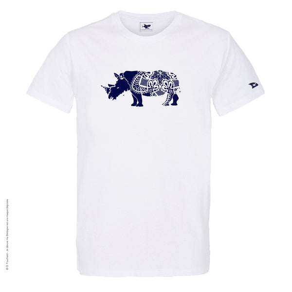 Dessin RHINOCÉROS Bleu Marine - T-shirt Blanc Col Rond